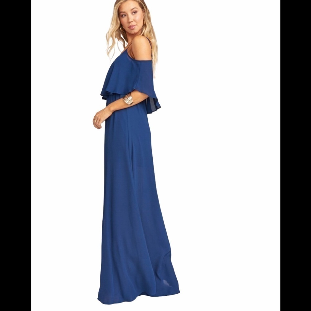 NWOT Show Me Your Mumu Caitlin ruffle Maxi Dress SZ S Navy Crisp - Picture 2 of 11